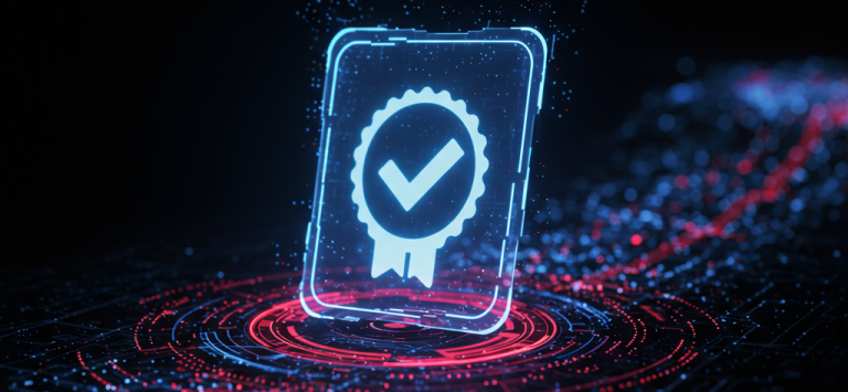 Badges & Certifications Glowing digital badge with a check mark, symbolizing certification or approval.