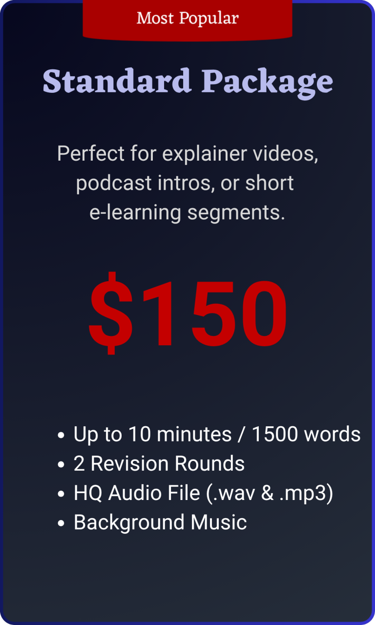 AI Voiceover Standard Package Standard package description: $150 for up to 10 minutes, revisions, audio files, and background music.