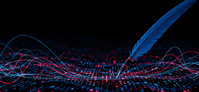 Creative Strategies A blue quill pen above a dynamic background of red and blue waves.