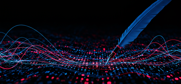 Quill pen over a colorful digital landscape with flowing lines and patterns.