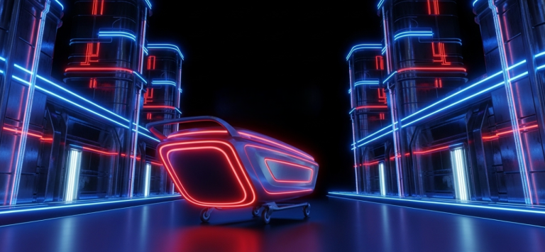 Futuristic cityscape with a glowing red and blue shopping cart on a neon-lit pathway.