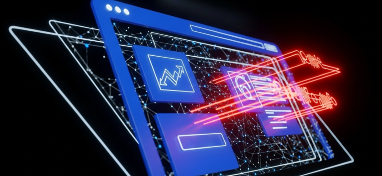 Digital interface displaying graphs and data analytics on a blue background.