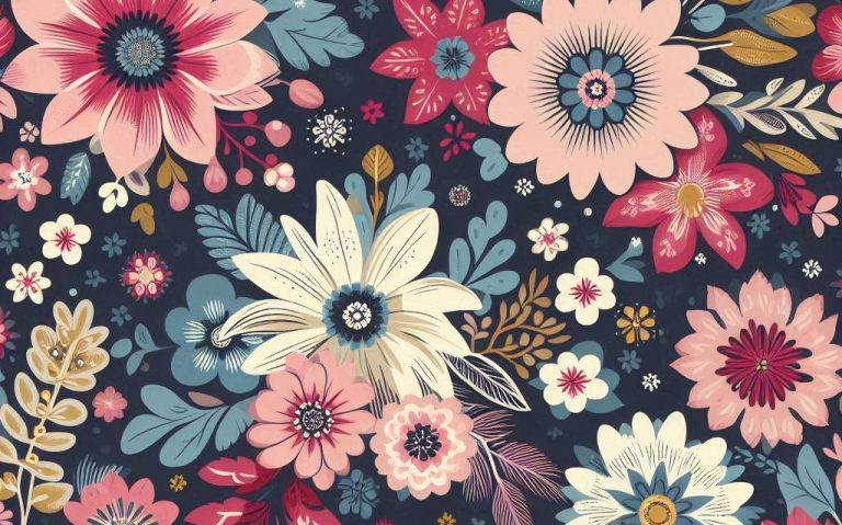 Colorful floral pattern featuring various flowers and leaves on a dark background.