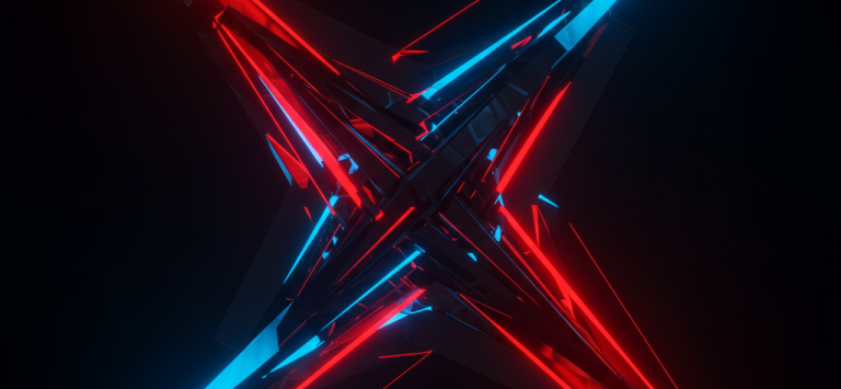 Abstract geometric shapes in red and blue on a dark background.