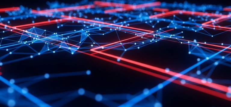 Abstract illustration of a network of blue and red glowing lines and dots on a dark background.