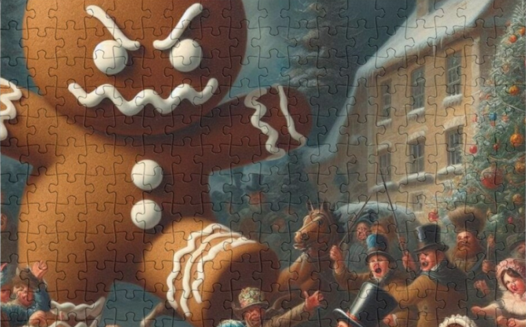 Giant angry gingerbread man towers over a festive crowd in a winter scene.