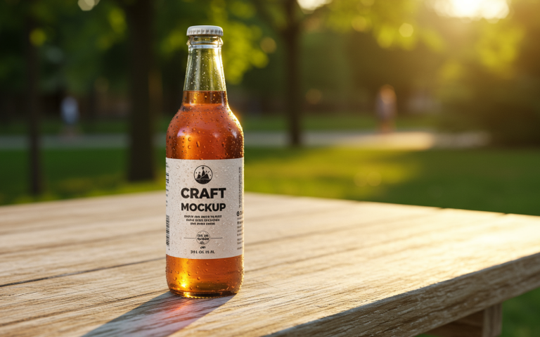 A bottle of craft beverage on a wooden table in a sunlit outdoor setting.