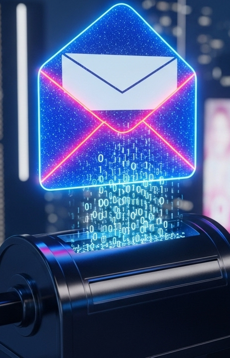 Illuminated envelope icon with glowing effects, emitting digital data from a mailbox.