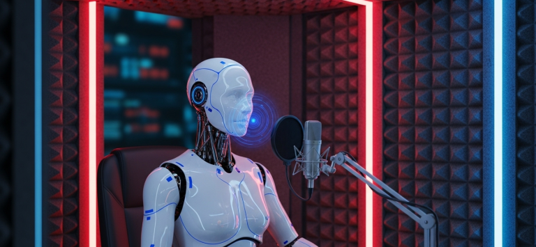 Professional AI Voiceover A humanoid robot with blue lights sitting in a recording booth, speaking into a microphone.