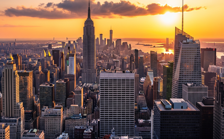 Aerial view of New York City skyline at sunset with the Empire State Building visible.
