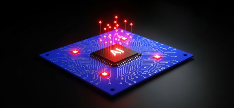 Artificial Intelligence Solutions A blue circuit board features a central chip and glowing red lights surrounding it.