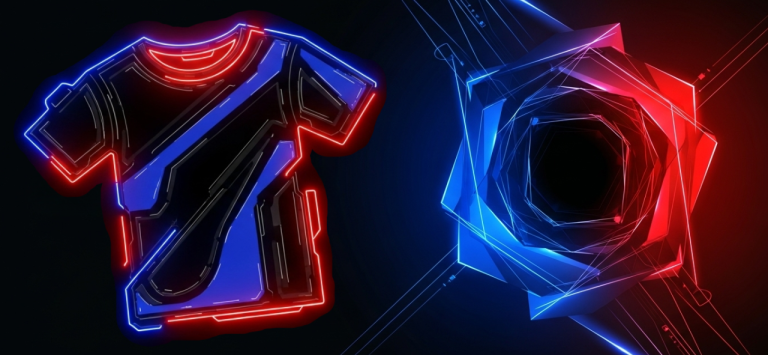 Neon outline of a t-shirt and geometric shape in red and blue.